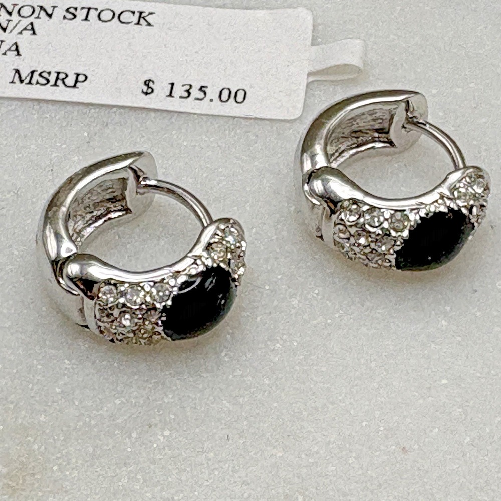 Lauren G Adams Huggie Earrings Silver Tone Rhodium Plate Cubic Zirconia Enamel